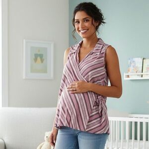 Old Navy Maternity Wrap Top Large Pink Striped Sleeveless Stretch Blouse